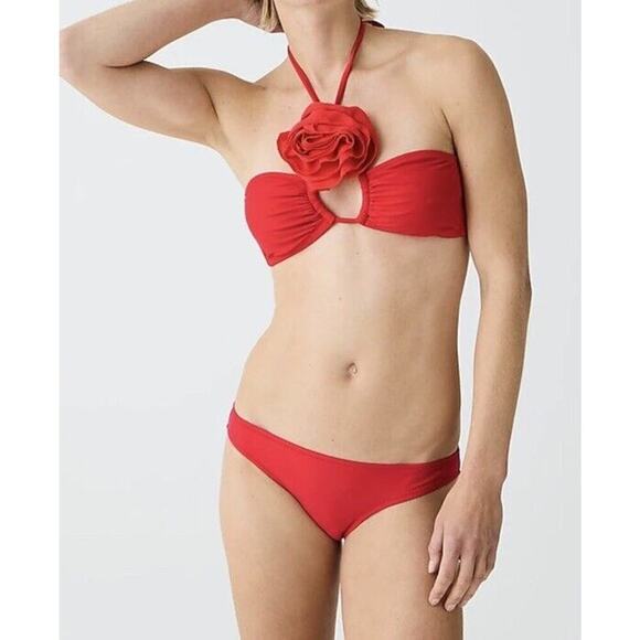 J. Crew Tie Rosette Bandeau Bikini Top Bottom Swimwear Bright Cerise Red Set XXL - Picture 1 of 6